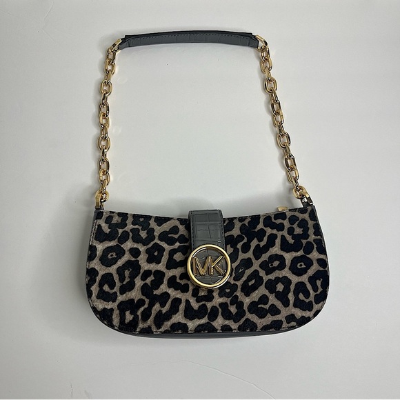 Michael Kors Carmen Small Gray Leather Leopard Haircalf Pouchette Handbag Purse - Picture 1 of 9